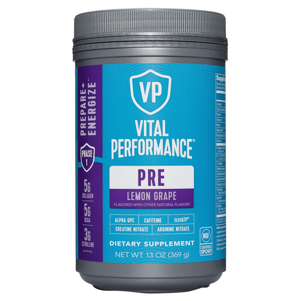 Vital Performance Pre-Workout Powder, NSF for Sport Certified, 5g Vital Proteins Collagen, Low Sugar, 140mg Caffeine, 1.5g Creatine Nitrate, 1.5g Arginine Nitrate, Lemon Grape
