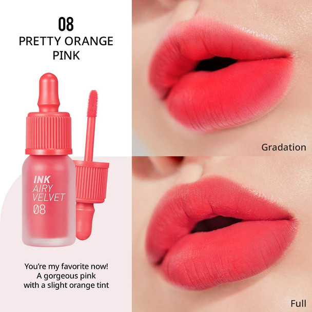 Peripera Ink Airy Velvet Lip Tint | High-Pigmentation, Lightweight, Soft, Moisturizing, Not Animal Tested | Pretty Orange Pink (#08), 0.14 fl oz