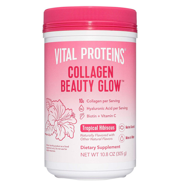 Vital Proteins Collagen Beauty Glow, Marine-Based Collagen Peptides Supplement - 10g of Collagen Per Serving - Hyaluronic Acid & Biotin & Vitamin C - Tropical Hibiscus 10.8oz