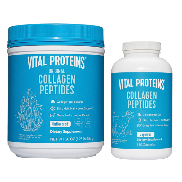 Vital Proteins Collagen Peptides Powder 20oz + Collagen Pills Supplement (Type I, III) 360 Capsules