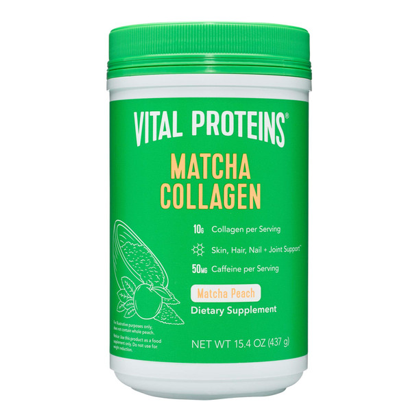 Vital Proteins Matcha Collagen Peptides Powder Supplement, L-theanine & Caffeine, Gluten & Dairy Free, Matcha Green Tea Powder, 15.4oz, Peach