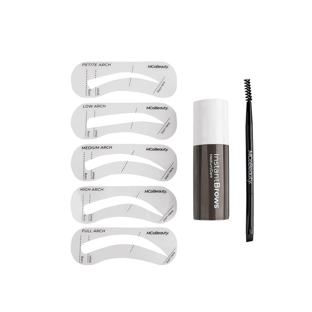 MCoBeauty Instant Brow Express Kit - Instantly Sculpts Perfect Brows - Customized To Desired Brow Shape - Easy To Use Pomade - Matte Finish - Reusable, Washable Stencils - Medium/Dark - 0.03 Oz