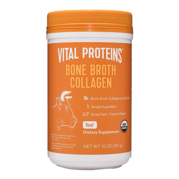 Vital Proteins Organic, Grass-Fed Beef Bone Broth Collagen, 10 oz Canister - natural amino acids + hyaluronic acid for joint health