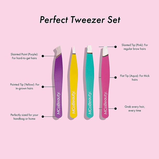 MCoBeauty Perfect Tweezers Set - Designed To Target All Types Of Hair - Perfectly Sized For Handbag, Desk Or Home - Ensures Correct And Easy Removal - Suitable For Use On Face And Body - 4 Pc