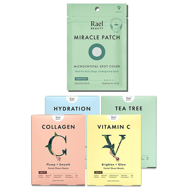 Rael Beauty Bundle - Facial Mask Variety Pack (20 Count) & Microcrystal Spot Cover (9 Count)