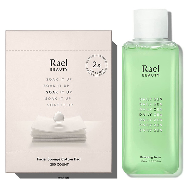 Rael Beauty Bundle - Facial Sponge Cotton Cosmetic Pads (200 Count) & Balancing Facial Toner (5.07oz)