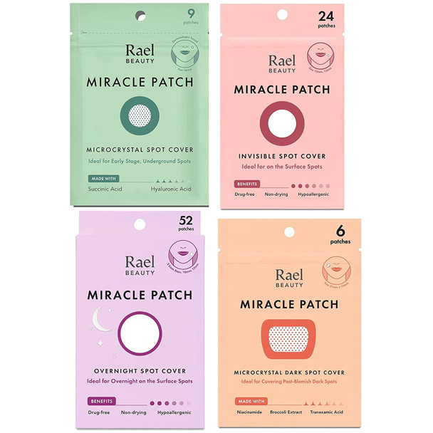Rael 4 Step Miracle Patch Bundle - Microcrystal Spot Cover (9 Count), Invisible Spot Cover (24 Count), Overnight Spot cover (52 Count), Microcrystal Dark Spot Cover (6 Count)