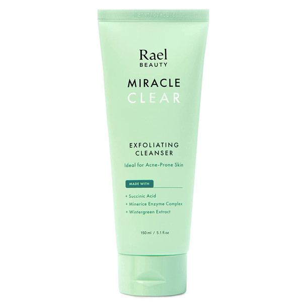 Rael Miracle Clear Exfoliating Cleanser - Cleanser w/ Succinic Acid, Minerice, for Blemish Care& Unclog Pores, Paraben Free, Vegan (5.1 fl. oz)