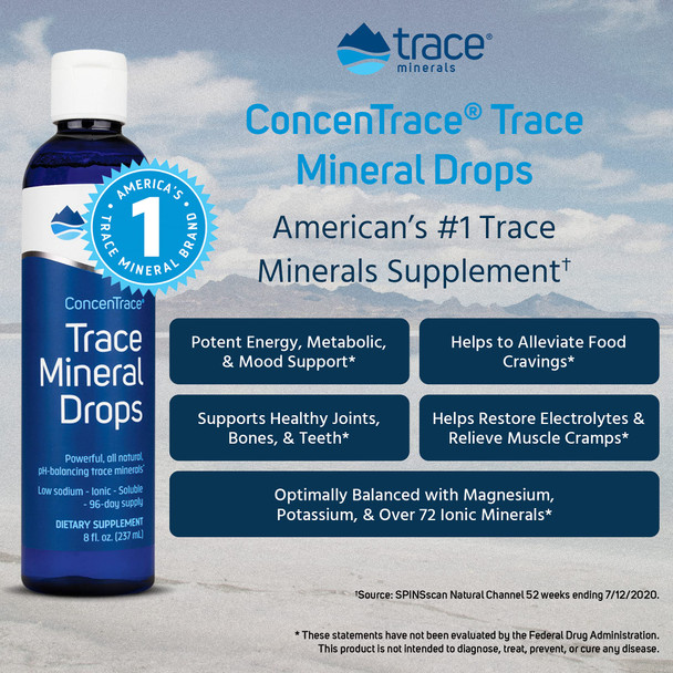 Trace Minerals ConcenTrace Drops | 72+ Minerals, Ionic Liquid Magnesium, Chloride, Potassium | Low Sodium | Energy, Electrolytes, Hydration | 288 Day Supply, 8 fl oz (Pack of 3)