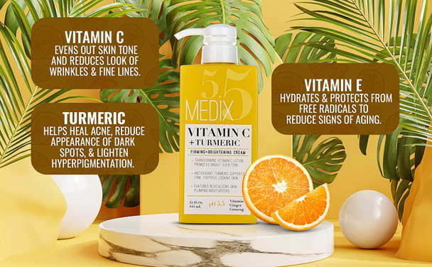 Medix 5.5 Vitamin C Face & Body Dry Skin Rescue Cream Skin Care Lotion Infused W/ Turmeric, Vitamin E, Ginger. Firming & Brightening Anti Aging Moisturizer For Age Spots & Sun Damaged Skin, 15 Fl Oz