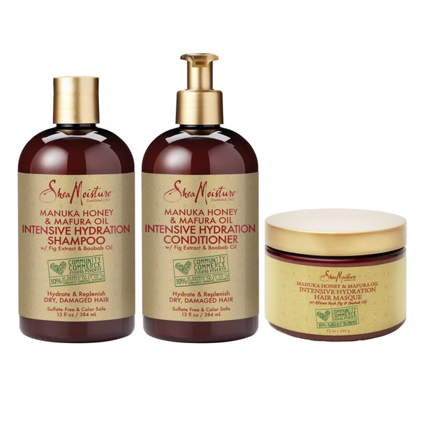 SheaMoisture Hydrate and Replenish Shampoo, Conditioner and Hair Masque for Curly Hair Manuka Honey and Marfura Oil Deep Conditioning Hair Treatment to Hydrate and Replenish Hair 3 Count