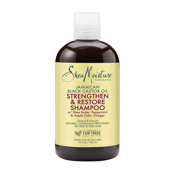 SheaMoisture Shampoo for Damaged Hair Strengthen and Restore 100 Percent Pure Jamaican Black Castor Oil Cleanse and Nourish 13 oz