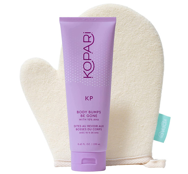 Kopari KP Scrub and KP Body Mitt Set | Bumps Be Gone Exfoliating Body with 10% AHA, to Smooth Skin, Reduce Bumps, Decongest Pores, Clarifying, Gently Exfoliate & Wash | 8.45 fl oz Tube and Body Mitt