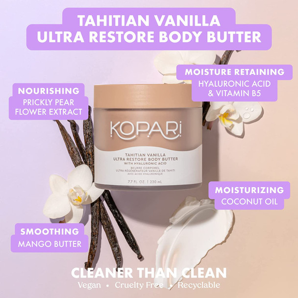 Kopari Tahitian Vanilla Ultra Body Butter | Hyaluronic Acid, Antioxidants, Omegas, and Fatty Acids to Hydrate and Retain Moisture | Sweet Tahitian Vanilla Scent with Notes of Butter and Cream | Vegan and Cruelty Free | 7.7 Oz