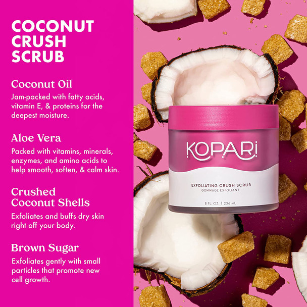 Kopari Coconut Crush Scrub - Brown Sugar Scrub to Exfoliate, Shrink the Appearance of Pores, Help Undo Dark & Age Spots + More With 100% Organic Coconut Oil, Non GMO, and Cruelty Free, 8 Oz