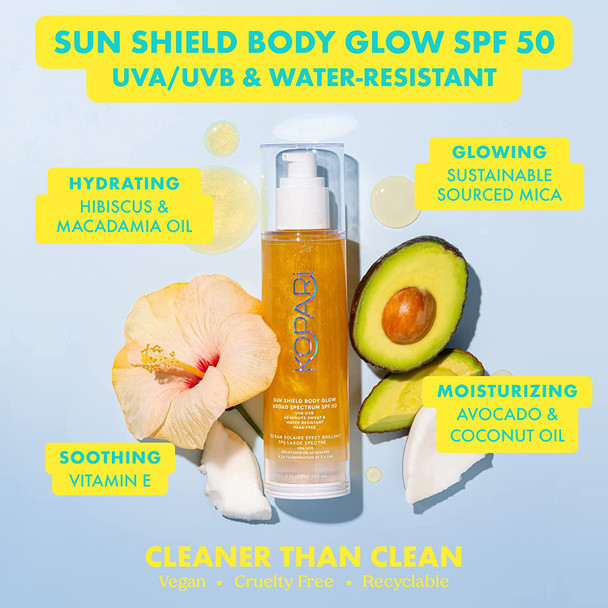 Kopari Sun Shield Body Glow | SPF 50 UV Protection Sheer Mineral Sunscreen Gold Shimmer Mica | Sweat and Water Resistant | Antioxidant Vitamin E Vegan Cruelty Free | Macadamia Hibiscus Avocado Coconut Oils