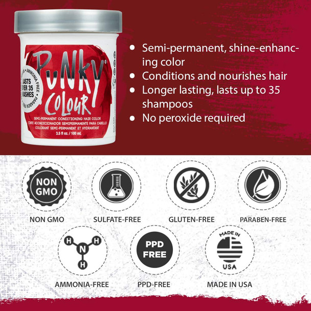 Punky Vermillion Red Semi Permanent Conditioning Hair Color Vegan PPD and Paraben Free lasts up to 25 washes 3.5oz