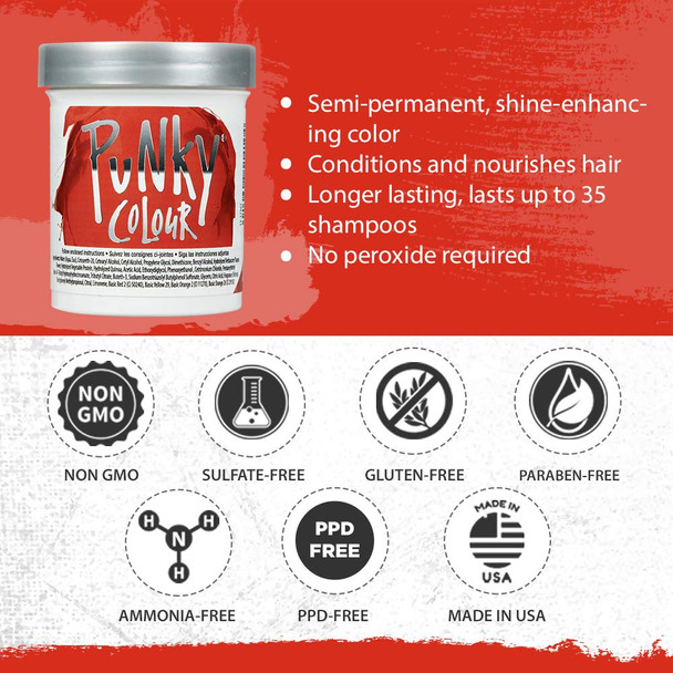 Punky Fire Semi Permanent Conditioning Hair Color NonDamaging Hair Dye Vegan PPD and Paraben Free Transforms to Vibrant Hair Color Easy To Use and Apply Hair Tint lasts up to 35 washes 3.5oz