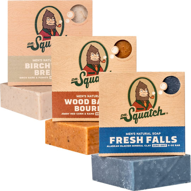 Dr. Squatch All Natural Bar Soap for Men, 3 Bar Variety Pack, Wood Barrel Bourbon, Fresh Falls, Birchwood Breeze - Natural Men's Bar Soap