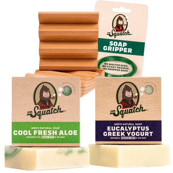 Dr. Squatch Basic Squatch Fresh Pack - Eucalyptus Greek Yogurt and Cool Fresh Aloe - Handmade Bar Soap With Organic Oils, Soap Gripper and Saver