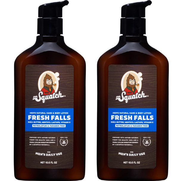 Men's Natural Lotion by Dr. Squatch - Non-Greasy Men's Lotion - 24-hour moisturization hand and body lotion - Made with Shea Butter, Coconut Oil, Vitamin E, and Menthyl Lactate - Fresh Falls (2 Pack)