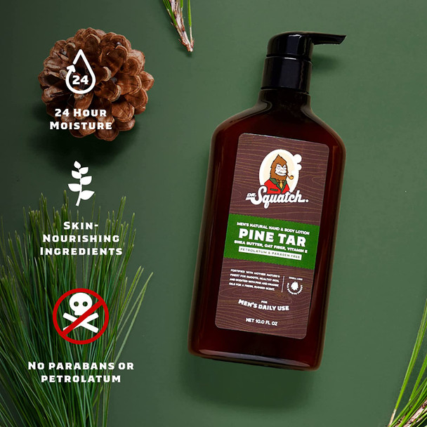 Men's Natural Lotion by Dr. Squatch - Non-Greasy Men's Lotion - 24-hour moisturization hand and body lotion - Made with Shea Butter, Coconut Oil, and Vitamin E - Pine Tar and Fresh Falls (2 Pack)