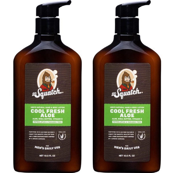 Men's Natural Lotion by Dr. Squatch - Non-Greasy Men's Lotion - 24-hour moisturization hand and body lotion - Made with Shea Butter Coconut Oil Vitamin E & Menthyl Lactate - Cool Fresh Aloe (2 Pack)