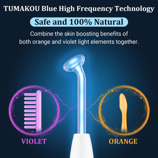 High Frequency Facial Wand - TUMAKOU Portable Handheld Blue High Frequency Facial Machine - 4 Different Blue Glass Tubes for Skin