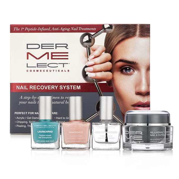 Dermelect Nail Recovery System Anti Aging Nailcare with Peptides, Hyaluronic Acid, Vitamin E, Strengthening & Restorative for Weak Nails, Splitting, Acrylic / Gel Damage, Hard to Grow Nails 4 pc set