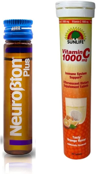 Neurobion Plus Liquid Dietary Supplement B Complex Vitamins with Neurobion Blend+ Sunlife Vitamin C 1000 mg 20 Tablets Orange Flavor Immune System Support