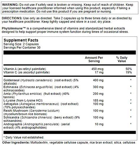 Nutra BioGenesis - PhytoImmune - Echinacea, Amla, L-Lysine, Goldenseal & Astragalus for Immune Support - Gluten Free, Vegan, Non-GMO - 60 Capsules