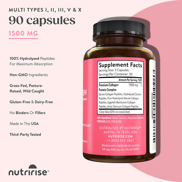 NutriRise Hydrolyzed Collagen Complex - Renew - 90ct - Maximum Strength 1500 mg: Multi Collagen Peptides for Skin Care, Hair, Nails & Joints, Anti-Aging Amino Acid Supplement for Men & Women