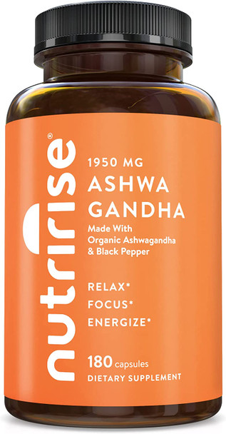 NutriRise Organic Ashwagandha Root with Black Pepper Capsules - 180ct - 1950mg, Natural Stress & Mood Relief, Sleep Aid & Thyroid Support Supplement; Ayurvedic Nootropic for Focus & Energy