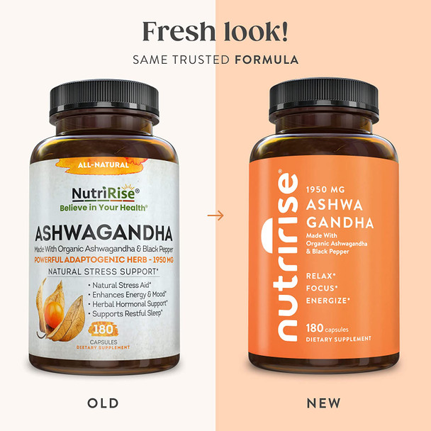 NutriRise Organic Ashwagandha Root with Black Pepper Capsules - 180ct - 1950mg, Natural Stress & Mood Relief, Sleep Aid & Thyroid Support Supplement; Ayurvedic Nootropic for Focus & Energy