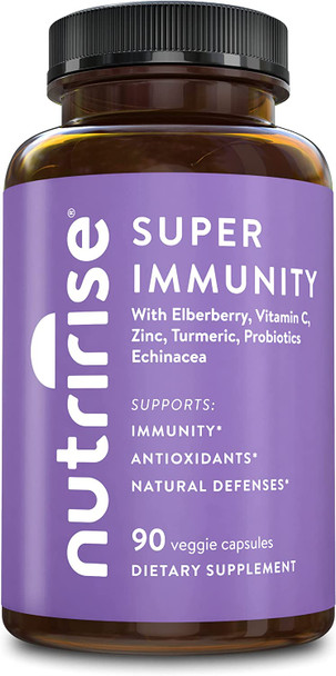 NutriRise Immunity Complex - Super Immunity - 90 ct - Immune Support Supplement, Vitamin C, Zinc, L-Glutamine, Elderberry, Echinacea, Turmeric Curcumin, 7.2 Billion CFU Probiotics for Men & Women