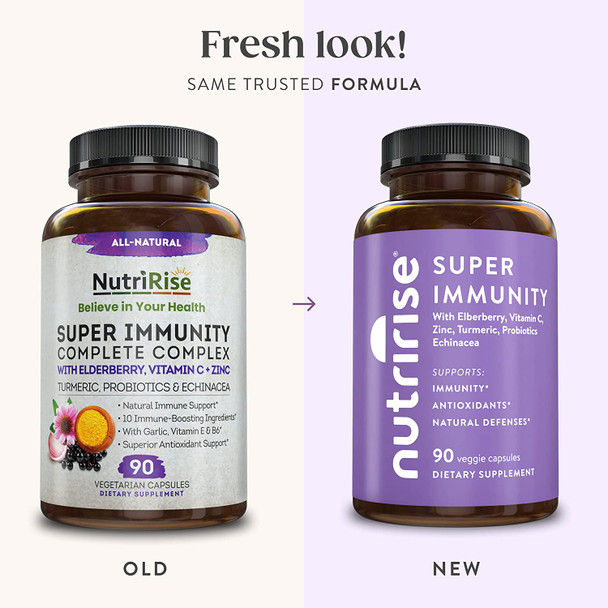 NutriRise Immunity Complex - Super Immunity - 90 ct - Immune Support Supplement, Vitamin C, Zinc, L-Glutamine, Elderberry, Echinacea, Turmeric Curcumin, 7.2 Billion CFU Probiotics for Men & Women