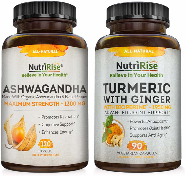Ashwagandha + Turmeric with Ginger Maximum Strength to Support Relaxation and Wellbeing - Gluten-Free Adaptogenic Supplement for Immune & Sleep Support for Women, Men & Adults