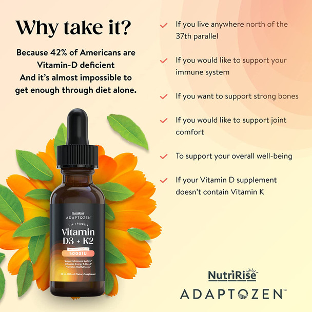 AdaptoZen Vitamin D3 + K2 Drops - 5000 IU: Support for Energy, Well-Being, Immunity & Joint Comfort, Vegetarian, Gluten-Free Formula for Men & Women + MCT Oil in Partnership with Michael Beckwith