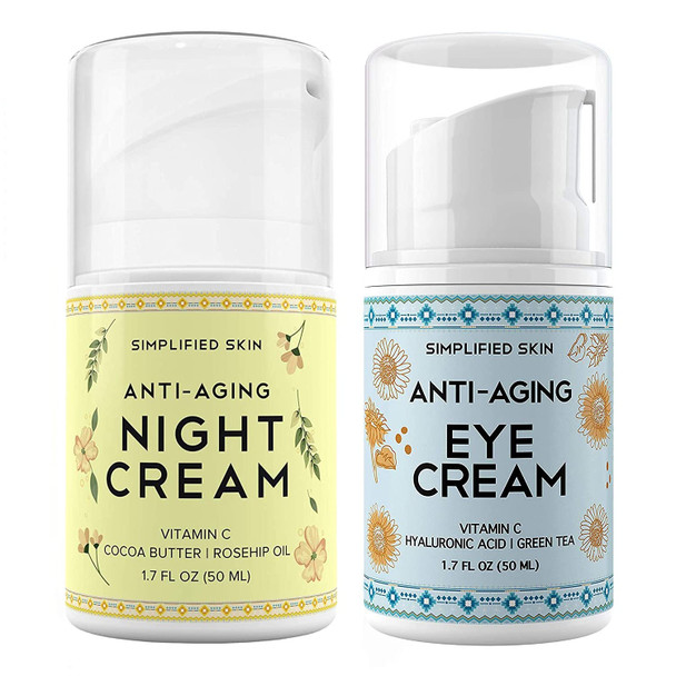 Anti-Aging Night Cream for Face & Anti-Aging Eye Cream for Dark Circles, Wrinkles, Bags & Puffiness - Collagen Boost, Vitamin C, Cocoa Butter, Hyaluronic Acid, Green Tea, Rosehip Oil
