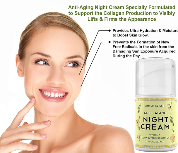 Anti-Aging Night Cream for Face & Anti-Aging Eye Cream for Dark Circles, Wrinkles, Bags & Puffiness - Collagen Boost, Vitamin C, Cocoa Butter, Hyaluronic Acid, Green Tea, Rosehip Oil