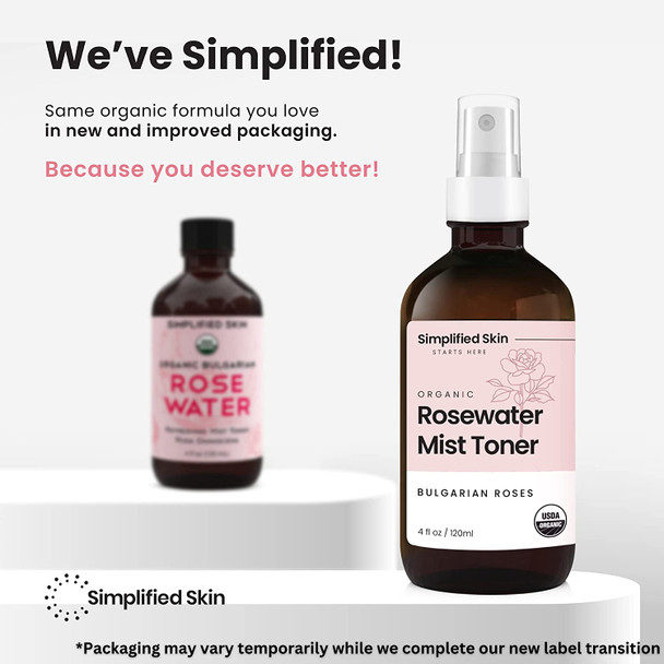 Rose Water Spray for Face & Hair - 100% Natural Organic Face Toner - Alcohol-Free Makeup Remover - Anti-Aging Self Care Beauty Mist - Face Care - Hydrating Rosewater by Simplified Skin (4 oz) - 1 Pack