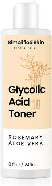 Glycolic Acid Toner 8% for Face (8 oz). Exfoliating Facial Peel for Anti-Aging & Acne. Alcohol-Free Daily Makeup Removing Toning Solution with AHA & Rosemary Extract by Simplified Skin