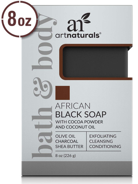 ArtNaturals African Black Soap Bar - (8 Oz / 226g) - Pure and Natural Acne Treatment - Exfoliating, Cleansing and Conditioning Face and Body Wash - Shea Butter, Olive Oil and Charcoal