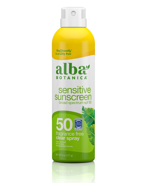 Alba Botanica Sensitive Sunscreen Spray, SPF 50, Fragrance Free, 6 Oz