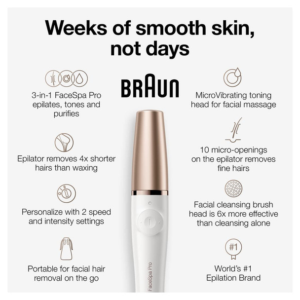 Braun Face Epilator Facespa Pro 911 Facial Hair Removal for Women, 3 in 1 Epilating, Cleansing Brush and Skin Toning with 3 extras