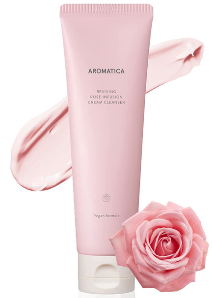 AROMATICA Reviving Rose Infusion Cream Cleanser 5.11oz /145g | Vegan, Hydrating Foaming cleanser for dry skin | with Damask Rose Water and Rose Oil | Korean Skincare