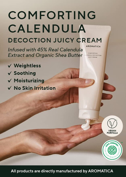 Calendula Juicy Cream, Vegan, 48% CALENDULA EXTRACT, Soft Hydration, Moisturizer for Daily Use, light on Sensitive to Normal Skin Types, For Itchy and Rough Skin, by Aromatica