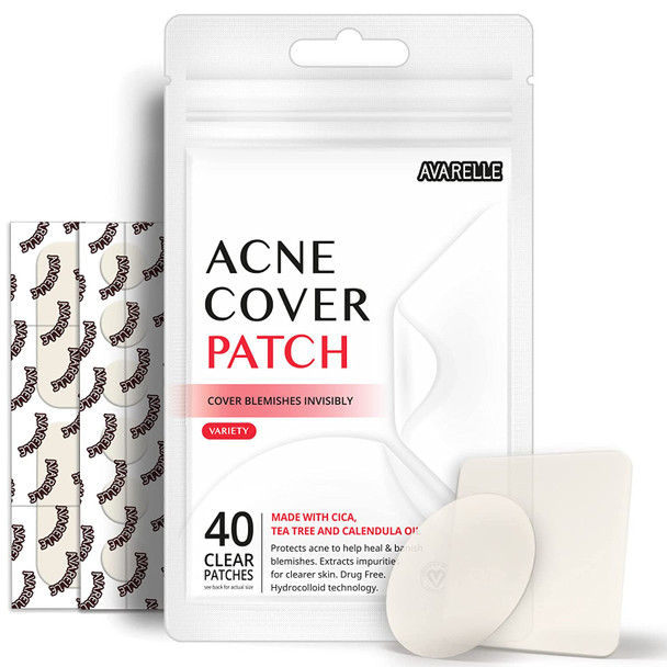 Avarelle Acne Pimple Patch (40 Count) Absorbing Hydrocolloid Spot Treatment with Tea Tree Oil, Calendula Oil and Cica, Certified Vegan, Cruelty Free (VARIETY / 40 COUNT)