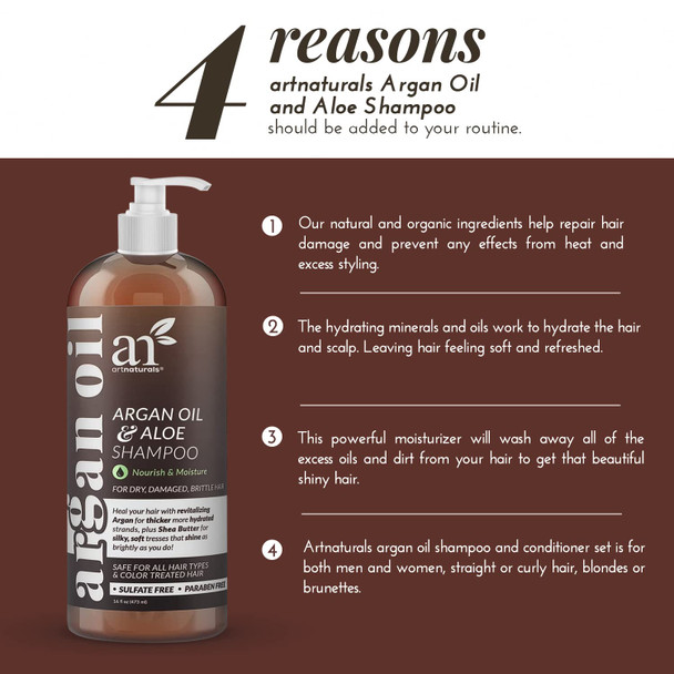 ArtNaturals Moroccan Argan Oil Shampoo - (16 Fl Oz / 473ml) - Moisturizing, Volumizing Sulfate Free Shampoo for Women, Men and Teens - Used for Colored and All Hair Types, Anti-Aging Hair Care