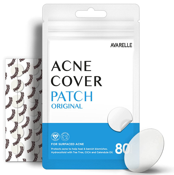 Avarelle Acne Cover Patch Hydrocolloid Acne Patches, Acne Spot Treatment for Blemishes and Zit with Tea Tree, Calendula and Cica Oil for Face, Vegan, Cruelty Free Certified (ROUND / 80 PATCHES)